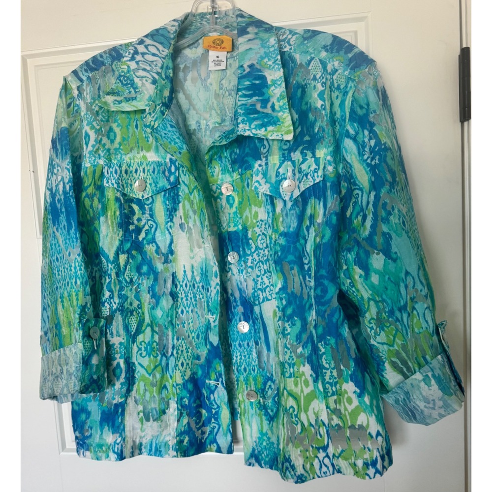 Ruby Rd Women's Burnout Printed Linen Blend Jacket Sz 16‎ Lightweight